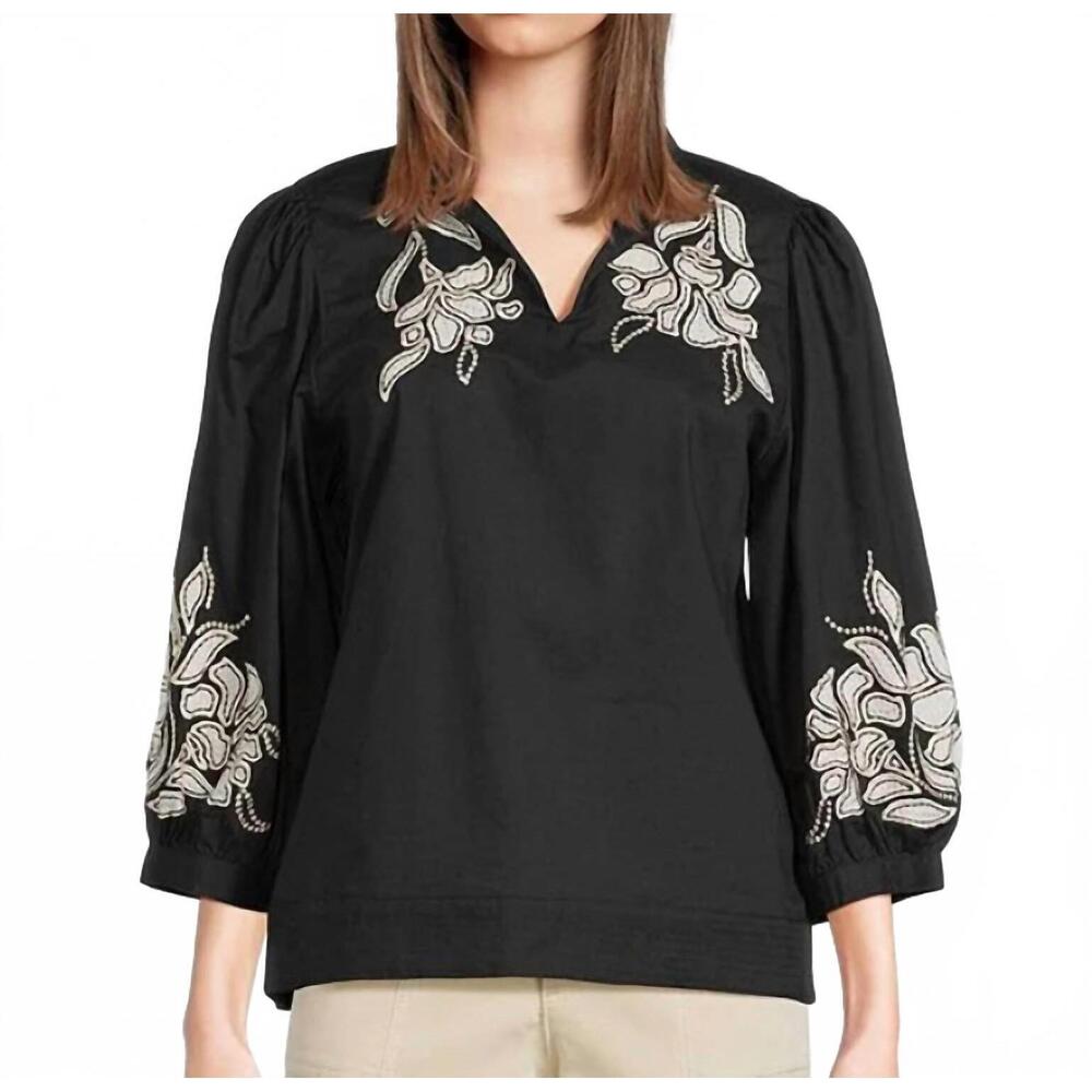 NEW TRU LUXE poplin embroidered floral applique collared v-neck 3/4 sleeve popov